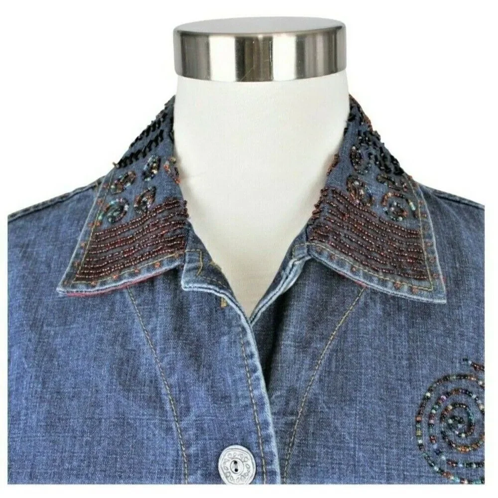 Chico's Denim Jacket Beaded Applique Embroidered Embellished Blue Women's Size 4 - Picture 3 of 11